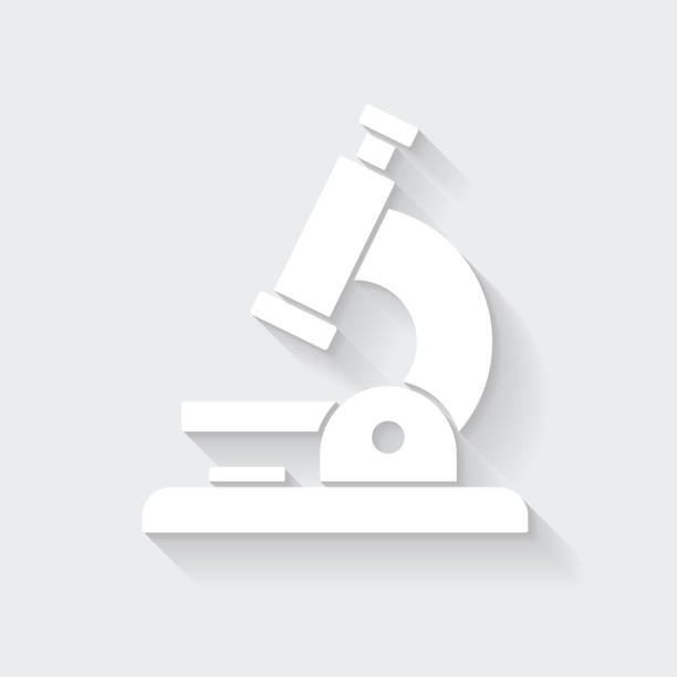 Microscope. Icon with long shadow on blank background - Flat Design White icon of "Microscope" in a flat design style isolated on a gray background and with a long shadow effect. Vector Illustration (EPS10, well layered and grouped). Easy to edit, manipulate, resize or colorize. Vector and Jpeg file of different sizes. laboratory clipart stock illustrations
