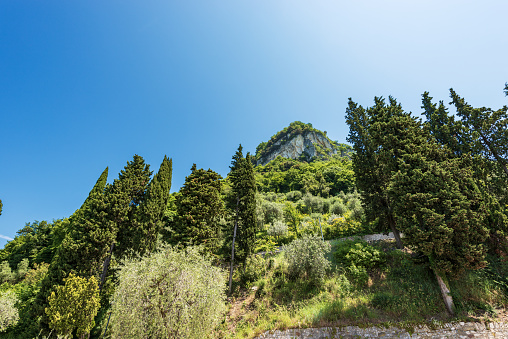 The hill called Rocca di Garda, on the coast of Lake Garda (Lago di Garda), in front of the small village of Garda, Verona province, Veneto, Italy, southern Europe.