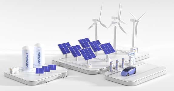 Hydrogen gas and electric charger station with future car and renewable energy sources, wind turbines, solar panels, battery and tank containers. Isometric 3d render illustration fuel cell vehicle.