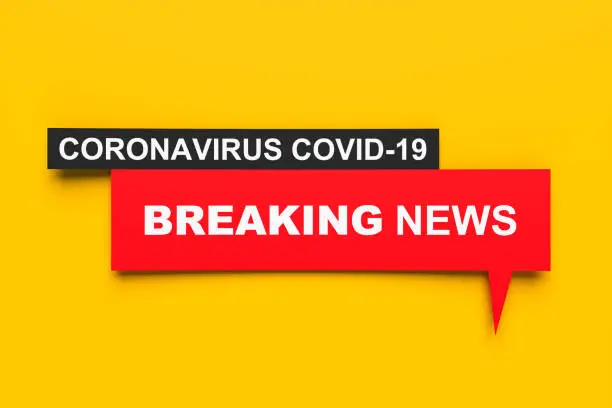 Red coronavirus covid-19 breaking news banner isolated on yellow background. 3d rendering.