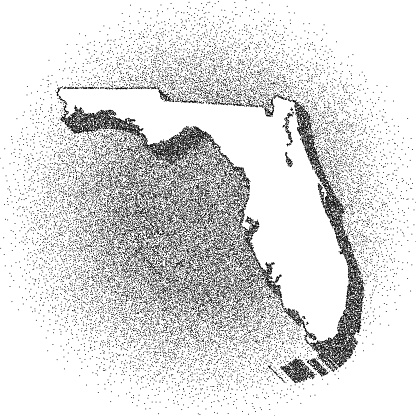 Map of Florida draw with the stippling technique. Beautiful and trendy illustration created only with dots and isolated on a blank background. White map with dotted black outline and dark shadow. White background with a stippled circular gradient. (colors used: black and white). Vector Illustration (EPS10, well layered and grouped). Easy to edit, manipulate, resize or colorize. Vector and Jpeg file of different sizes.
