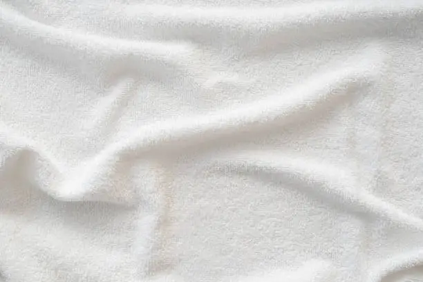 Photo of Terry towel texture, top view of a white bath towel