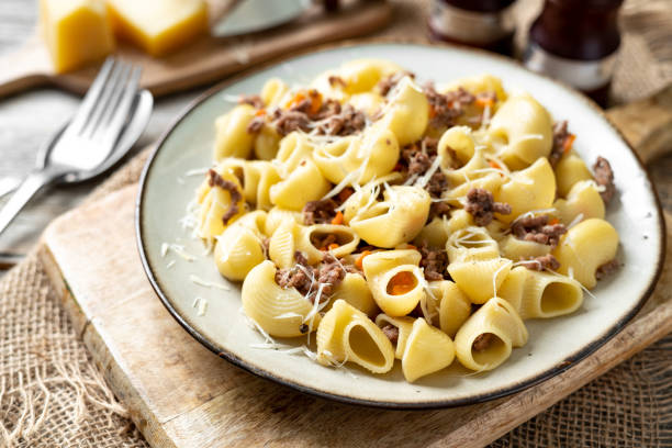 istock Pasta Pipe Rigate with stew In Bianco in a plate on a gray  culinary background. Traditional Italian pasta with ground beef on the kitchen table closeup 1370876247