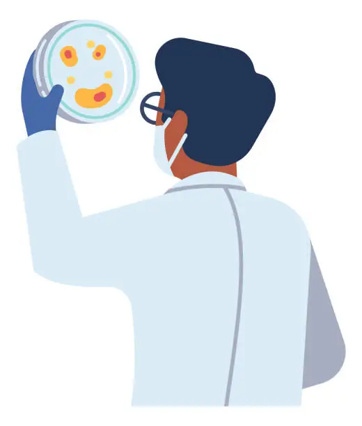 Vector illustration of Scientist holding petri dish. Man in laboratory coat looking at bacterial colony