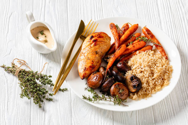 Grilled chicken breast with rice, close-up