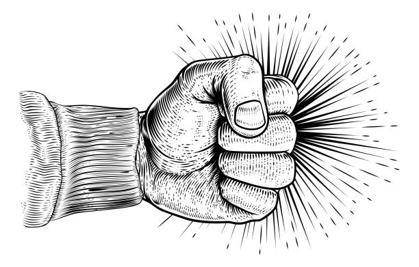 Fist Punching Vintage Propaganda Woodcut Style A hand in a clench fist punching in a vintage retro propaganda woodcut style punching illustrations stock illustrations