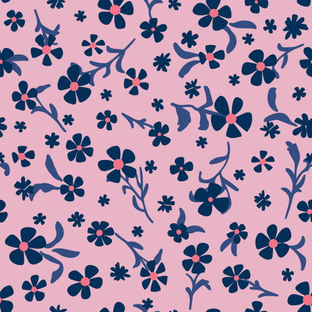 Flowers with leaves seamless repeat pattern. Random placed, vector floral botany elements all over surface print on pink background. all over pattern stock illustrations