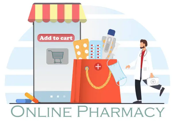 Vector illustration of Medical doctor in uniform near mobile phone and bag with medical pills, termometr, vitamines and other medicines, online pharmacy concept, flat vector illustration