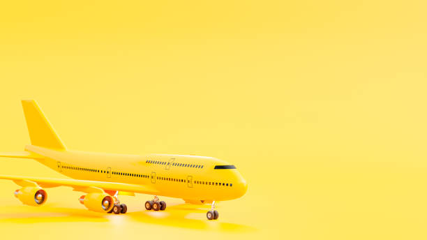 istock Yellow plane on runway. Space for banner and logo background. minimal idea concept, 3D Render. 1370882233