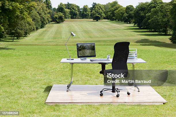 Office Desk And Chair Outdoors In Field Stock Photo - Download Image Now - Desk, Nature, Outdoors