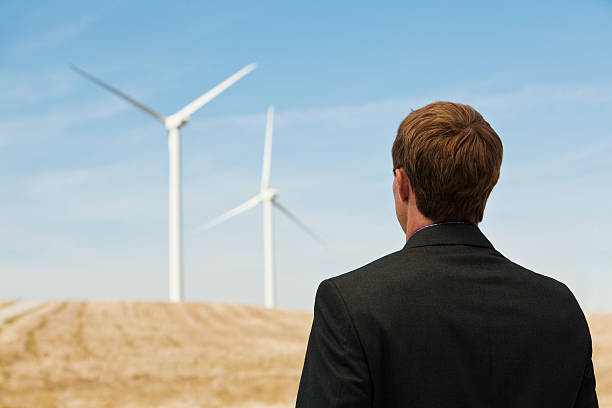 jeune homme regardant eoliennes - dry white blue northern california photos et images de collection