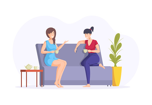 Two happy female friends gossiping relaxing drinking tea at home. Smiling woman enjoying friendship talking discussing sitting on couch spending time together at weekend cartoon vector