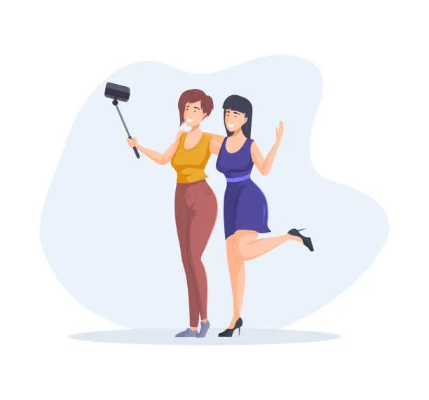 Vector illustration of Smiling woman best friends taking selfie use smartphone have fun enjoy friendship