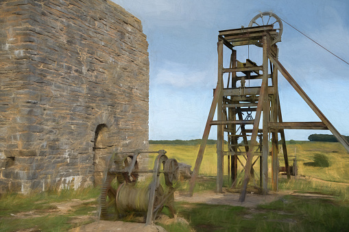 Digital painting of Magpie Mine, an abandoned disused lead mine near the village of Sheldon in the Derbyshire Peak District, England.