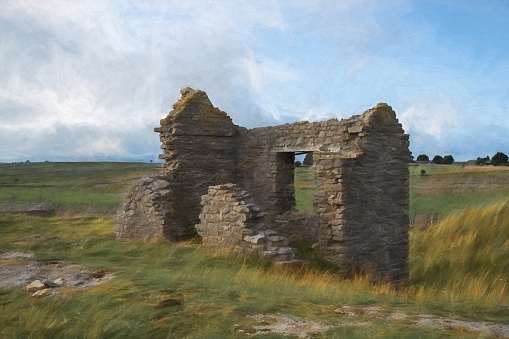 Digital painting of Magpie Mine, an abandoned disused lead mine near the village of Sheldon in the Derbyshire Peak District, England.