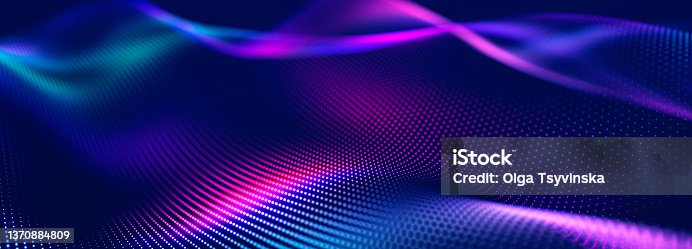 istock Futuristic dots pattern on dark background. Colored music wave. Big data. Technology or Science Banner. 3D rendering 1370884809