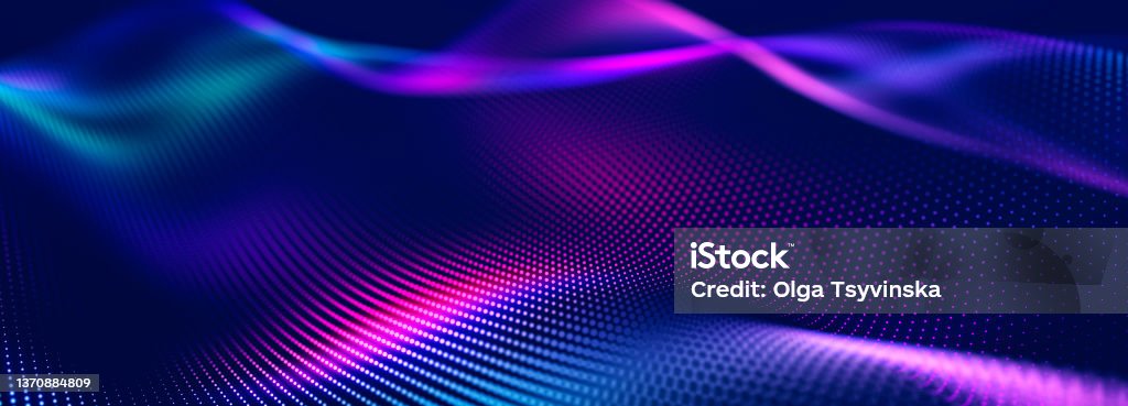 Futuristic dots pattern on dark background. Colored music wave. Big data. Technology or Science Banner. 3D rendering Futuristic dots pattern on dark background. Colored music wave. Big data digital code. Technology or Science Banner. 3D rendering Technology Stock Photo