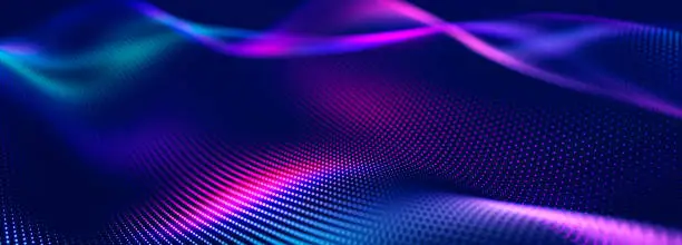 Futuristic dots pattern on dark background. Colored music wave. Big data digital code. Technology or Science Banner. 3D rendering