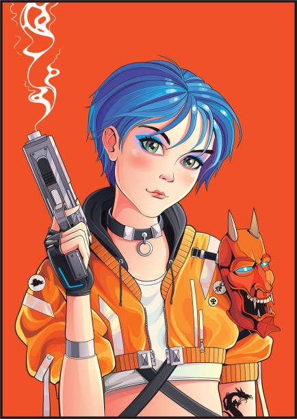 illustrazioni stock, clip art, cartoni animati e icone di tendenza di illustrazione anime cyberpunk - comic book cartoon manga style art