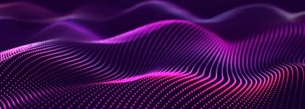 Photo of Futuristic dots pattern on dark background. Colored music wave. Big data. Technology or Science Banner. 3D rendering