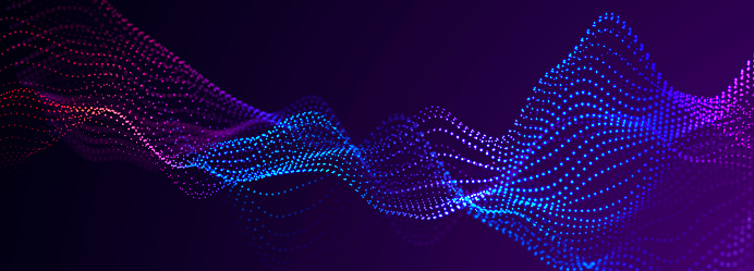 Futuristic dots pattern on dark background. Colored music wave. Big data digital code. Technology or Science Banner. 3D rendering