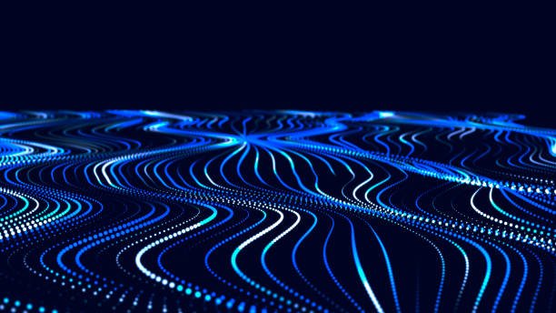 istock Abstract flow of luminous particles on dark background. Movement of colored dots. Big data. 3D rendering. Widescreen 1370884916