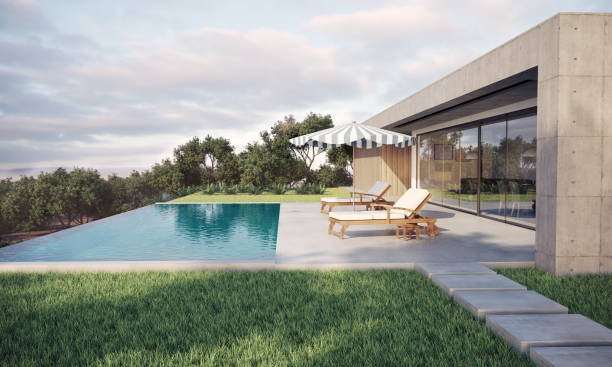 Modern house with infinity pool Modern designed exterior with infinity pool day scene at summer. (3d render) hotel window view stock pictures, royalty-free photos & images