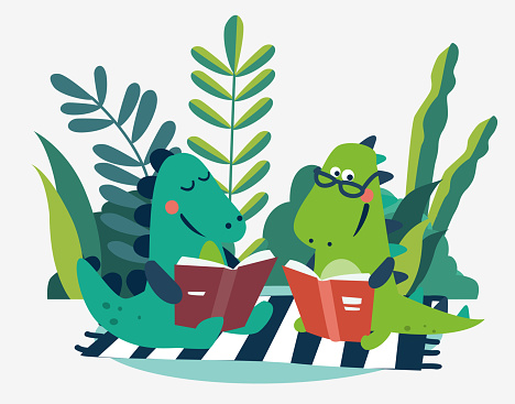 Cute dinosaur reads a book in the garden. Funny tyrannosaur relaxing in park stock illustration