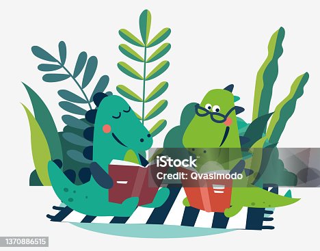 istock Cute dinosaur reads a book in the garden. Funny tyrannosaur relaxing in park stock illustration 1370886515