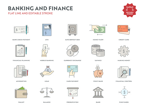 Banking and Finance Flat Line Icon Set with Editable Stroke