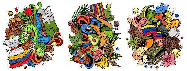 ilustraciones, imágenes clip art, dibujos animados e iconos de stock de venezuela dibujos animados vector doodle diseños set. - ilustraciones de cultura venezolana