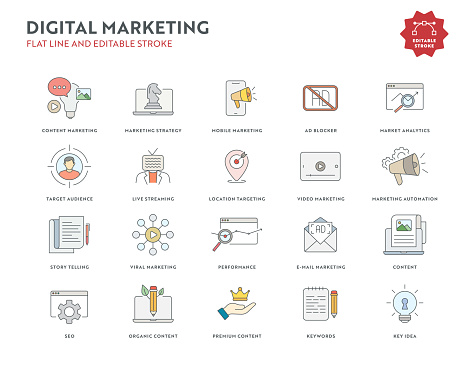 Digital Marketing Flat Line Icon Set with Editable Stroke