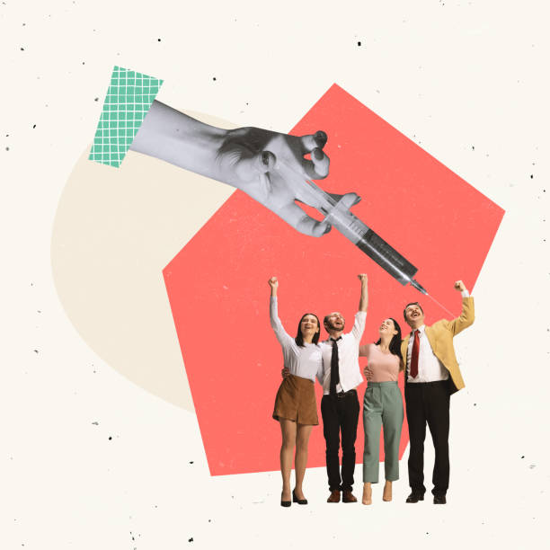 Creative design. Group of happy people, office workers got vaccinated