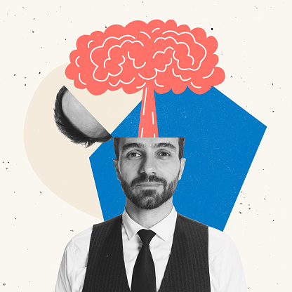 Creative design. Businessman, manager, team leader with volcano explosion head symbolizing brainstorming. Generating profitable business strategy. Concept of career development, growth, profit