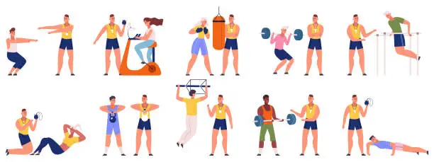 Vector illustration of Fitness trainer, personal sport workout training coaching. Personal trainer coaching people, gym fitness workouts vector illustration set. Gym instructor scenes