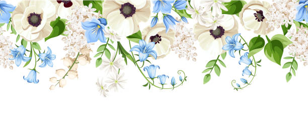 istock Horizontal seamless border with white poppy flowers and blue harebell flowers. Vector illustration 1370889273