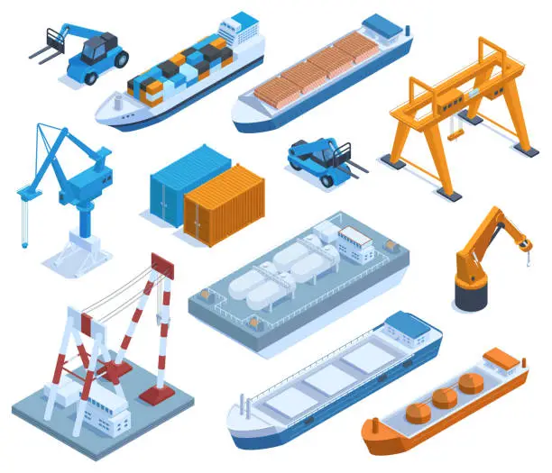 Vector illustration of Isometric seaport elements, cargo ships, barges and containers. Marine port ships, cranes and shipping containers vector illustration set. Water transportation and logistic