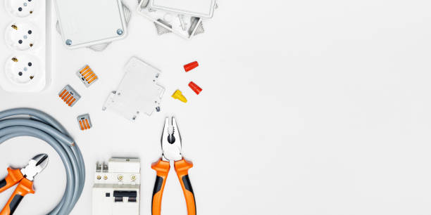 istock electric tools and electrical equipment on white background with copy space. banner. 1370889463