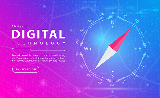 Technology Compass Graph Digital Technology And Compass Map Gps Banner Pink Blue Background ...