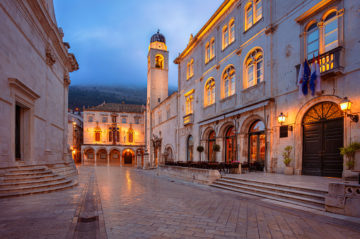 Cityscape image of beautiful romantic streets of old town Dubrovnik, Croatia at twilight blue hour.