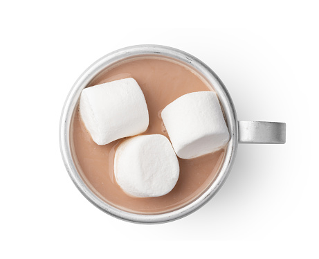 Top view of cocoa drink with marshmallow isolated on white background