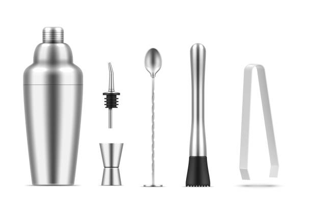 Realistic cocktail cooking metallic equipment collection vector illustration. Bartending tools Realistic cocktail cooking metallic equipment collection vector illustration. Bartending tools shaker, stirrer, forceps and jigger isolated. Device for mixing alcohol and non alcoholic drink beverage cocktail shaker stock illustrations