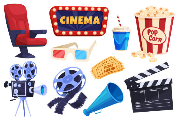 Collection cartoon elements of film industry vector flat illustration. Movie and cinema attributes Collection cartoon elements of film industry vector flat illustration. Movie and cinema attributes set isolated on white. Spectator armchair, illuminated signboard, 3d goggles, popcorn, ticket film industry stock illustrations