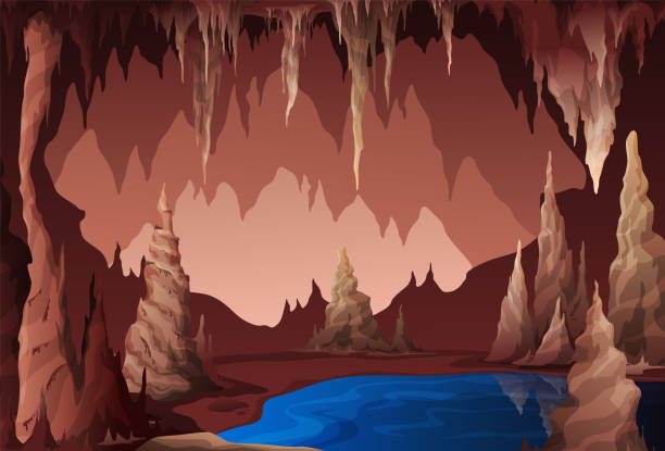 Dark cave with lake vector flat illustration. Natural stone landscape inside underground tunnel Dark cave with lake vector flat illustration. Natural stone landscape inside underground tunnel prehistoric formation geology. Rocky cavern mountain ancient cliff with wet stalactites and stalagmites stalactite stock illustrations