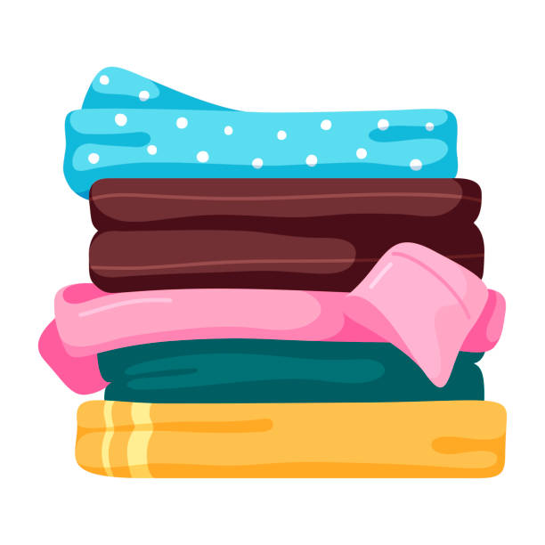 Stack of clean multicolored laundry vector flat illustration. Pile clothes neat folded after washing Stack of clean multicolored laundry vector flat illustration. Pile of clothes neat folded after washing shirts, t shirts, trousers, pants isolated. Apparel pack cotton textile wear storage organizing folded sweater stock illustrations
