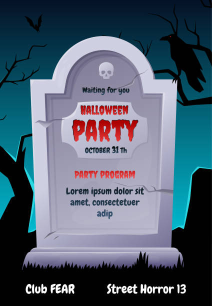 halloween party vertikales poster vektor flache illustration allerheiligen friedhof grabstein - krypta stock-grafiken, -clipart, -cartoons und -symbole