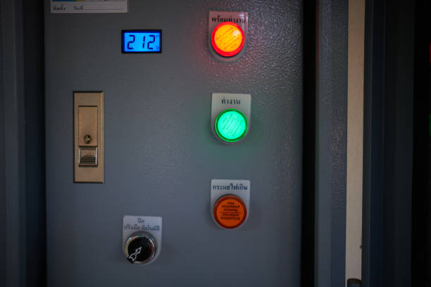 istock electric control cabinet ,Set line metal box, safety switch with lock, fuse and switchboard, 1370892428