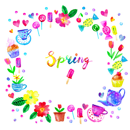 Spring Candy Background Spring Season Background With Flowers Hearts Teapot Cup Cake Candy ...