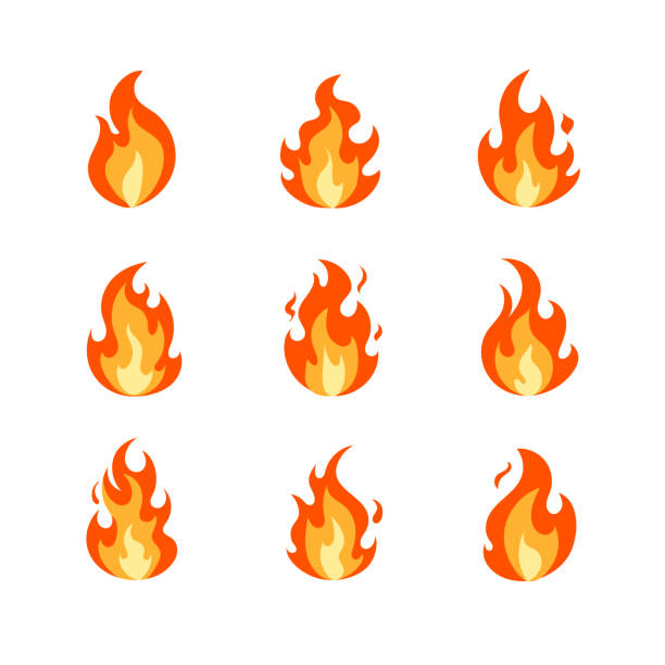 ilustrações de stock, clip art, desenhos animados e ícones de vector colorful cartoon fire flames set isolated on white background, vector illustration flat design style, bright bonfire. - flaming torch