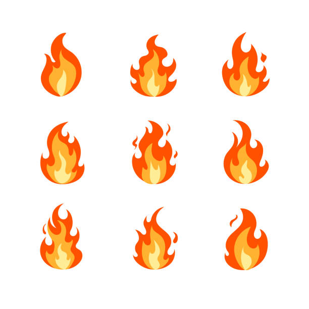 вектор красочный мультяшный огонь пламя установлен изолированный на белом фоне, векторная иллюстрация плоский дизайн стиль, яркий костер. - клип арт stock illustrations